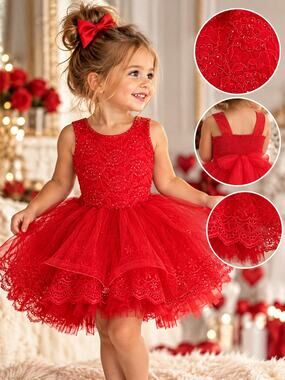 Toddler Girls Red Lace Tutu Dress 18 Months Beaded Tulle Birthday Pageant Party